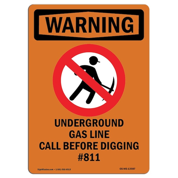 OSHA Warning Sign, 5" H, 3.5" W, Underground Gas Line, Portrait, WS-D-35-V-13587-10PK
